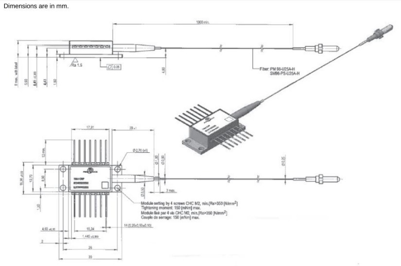 1064nm, 1 Watt Pulsed High Power Pump and Seed Laser Diode, Butterfly Package Diagram
