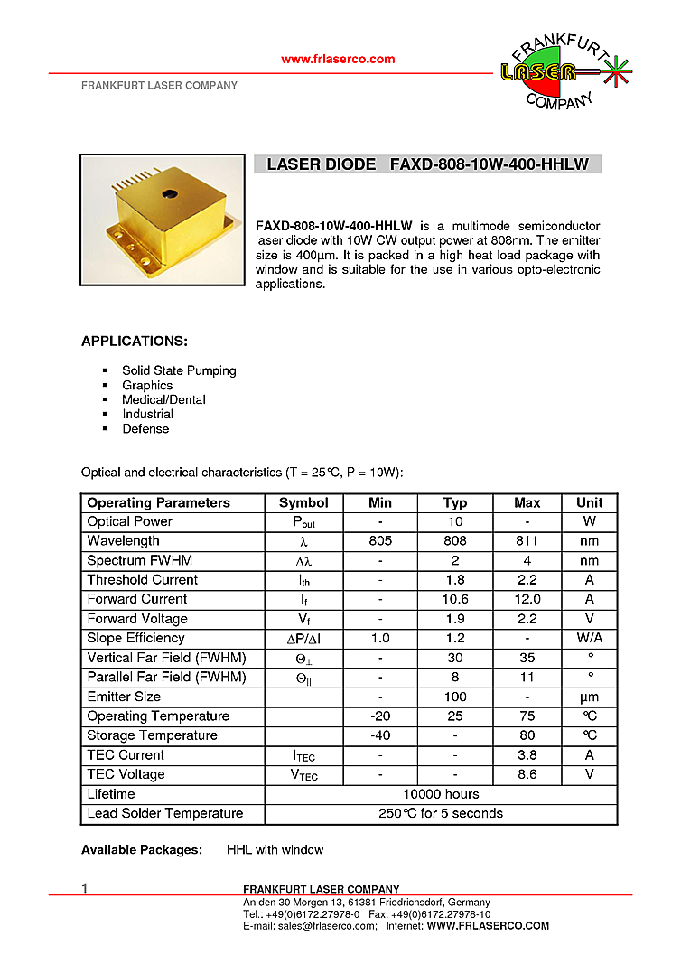 Porcentaje fácil de lastimarse posterior 10W Laser Diode from Frankfurt Laser Company