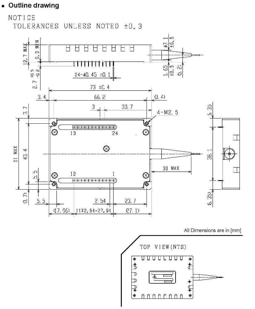 1561nm WDM Mitsubishi Transmitter Module Dimensions