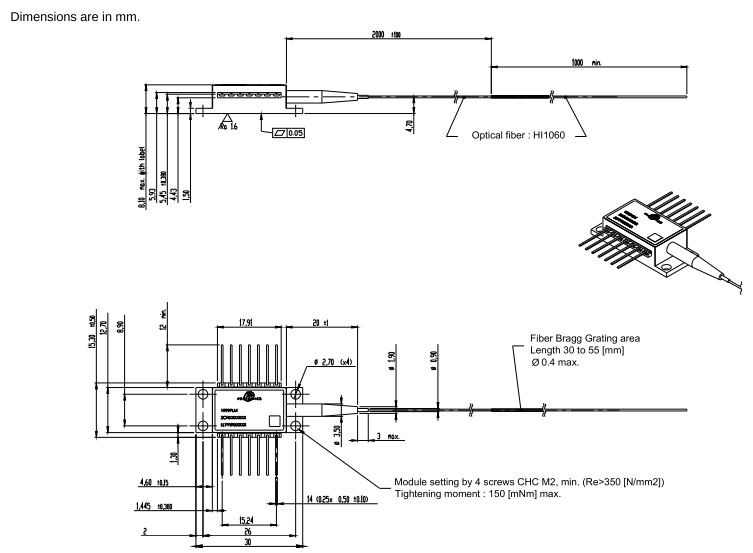 330mW Grating Stabilized 976nm Pump Laser Diode, Butterfly Package Diagram and DImensions