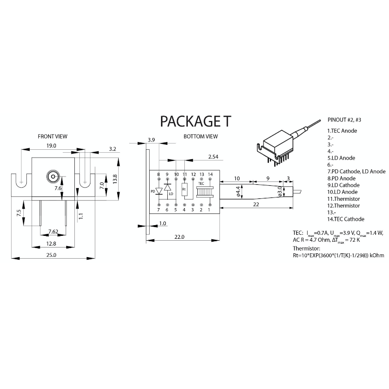 1530nm DFB Laser Diode DIL Package Dimensions