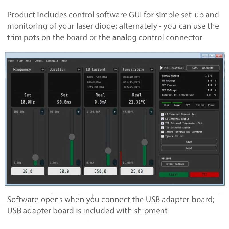 laser diode driver and TEC controller software screen image